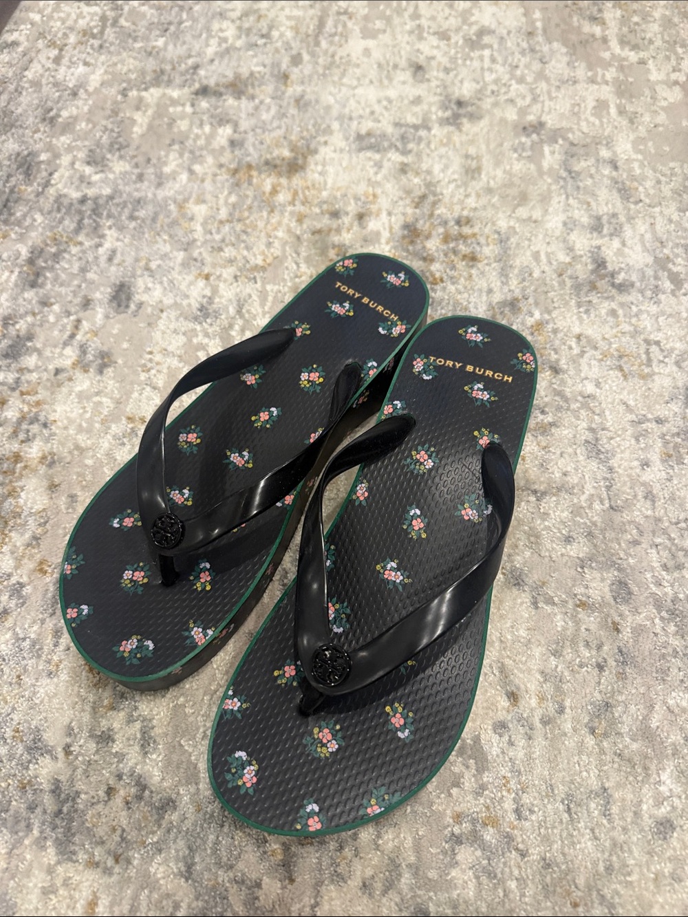 Tory Burch Black Floral Flip-Flop Sandals with Green Trim